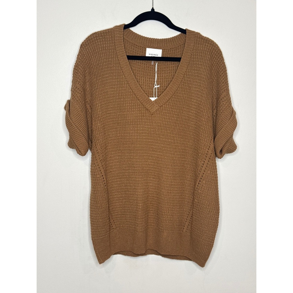 Andree by Unit Brown V-Neck Short Cuff Sleeve Knit Sweater T12687-1 Medium